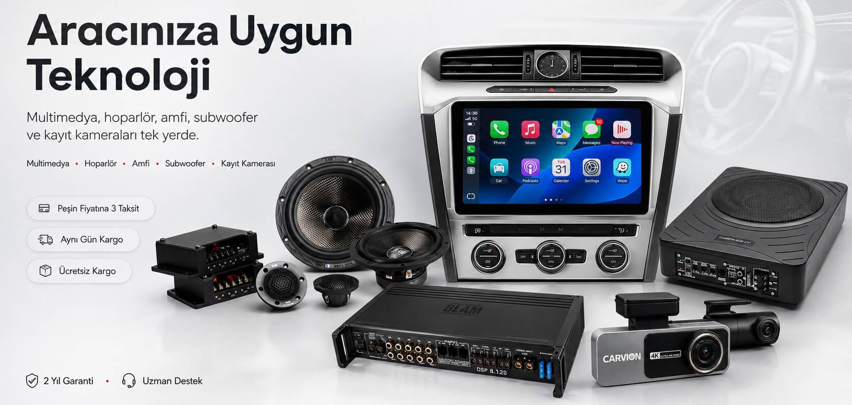 Carvocal araç ses ve görüntü sistemleri: multimedya, hoparlör, amfi, subwoofer, araç kayıt kamerası, peşin fiyatına 3 taksit, aynı gün kargo ve ücretsiz kargo