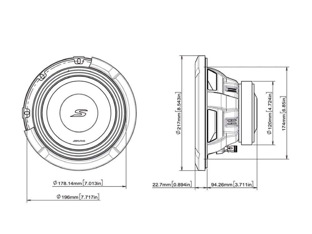 Alpine S2-W8D4 S-Serisi Çift 4 Ohm Bobinli Subwoofer (20cm)